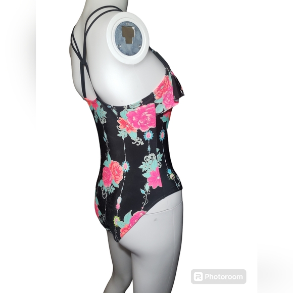 Beautiful Floral Bikini One-Piece Swim  🏊‍♂️ Black & Pink Women's Sz L (10,12) - Picture 6 of 14